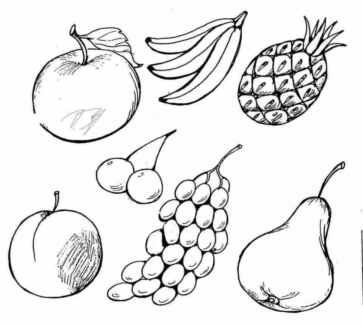 Colorful and playful fruits and vegetables coloring book