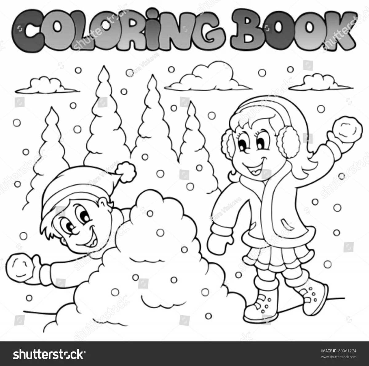 Joyful snowball fight coloring for kids