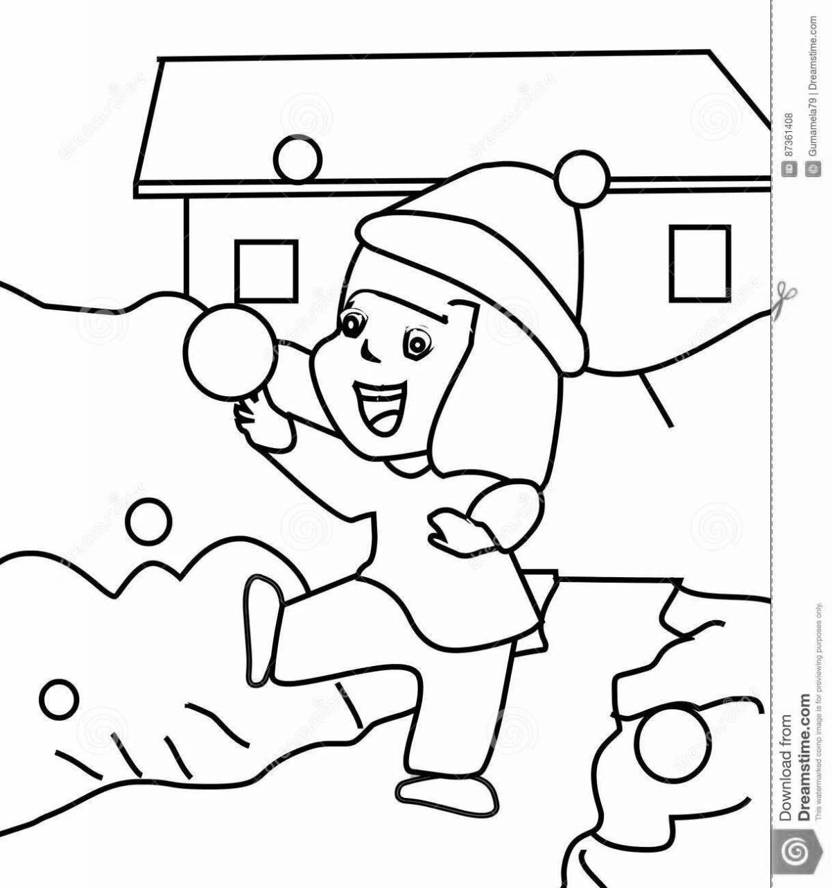Увлекательная раскраска «бой в снежки» для детей