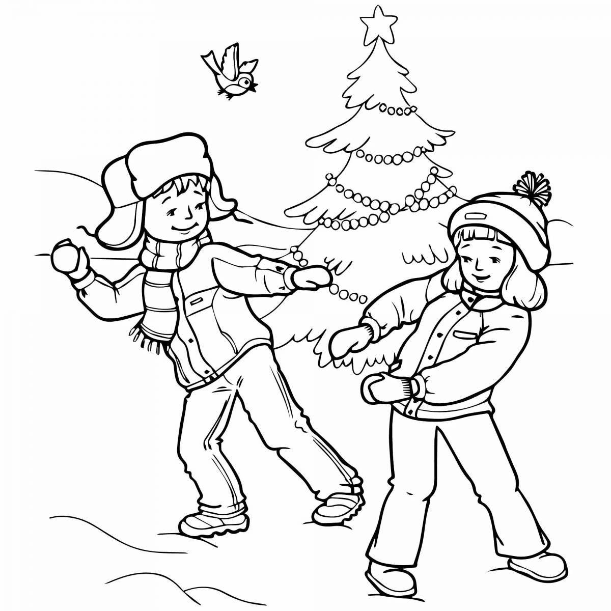 Заманчивая раскраска «бой снежками» для детей
