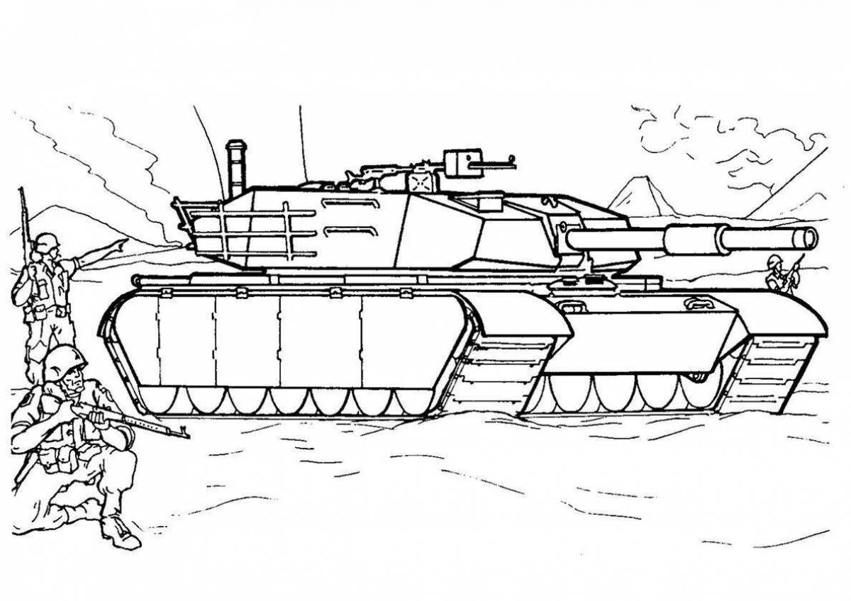 Яркая раскраска солдат и танк для детей