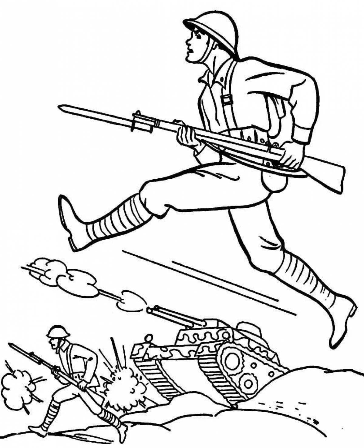 A fun coloring book for kids with a soldier and a tank