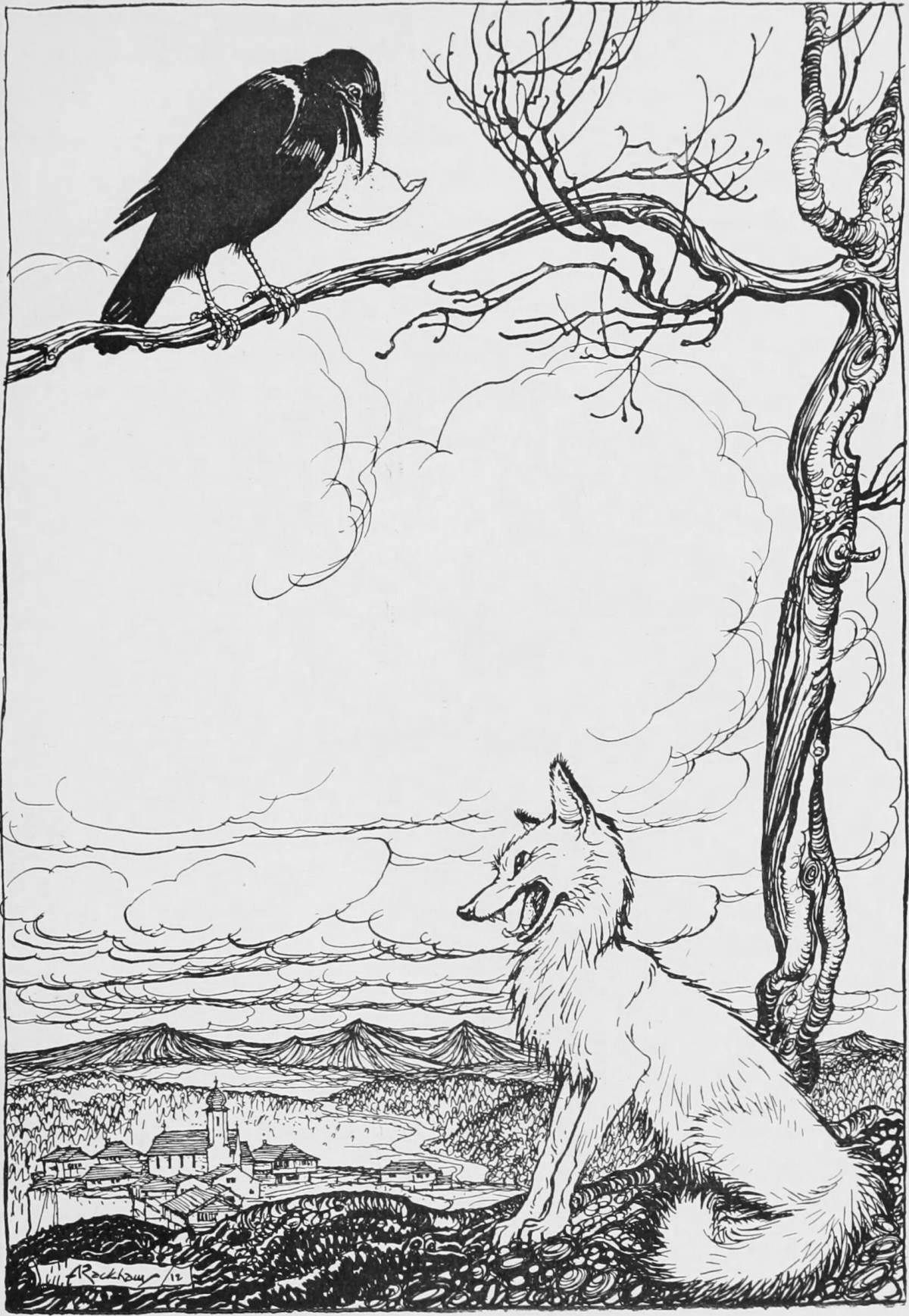 Иллюстрация к басне Эзопа ворон и лисица