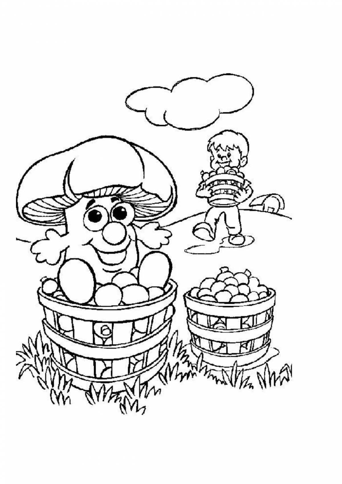 Веселые дети собирают грибы в лесу
