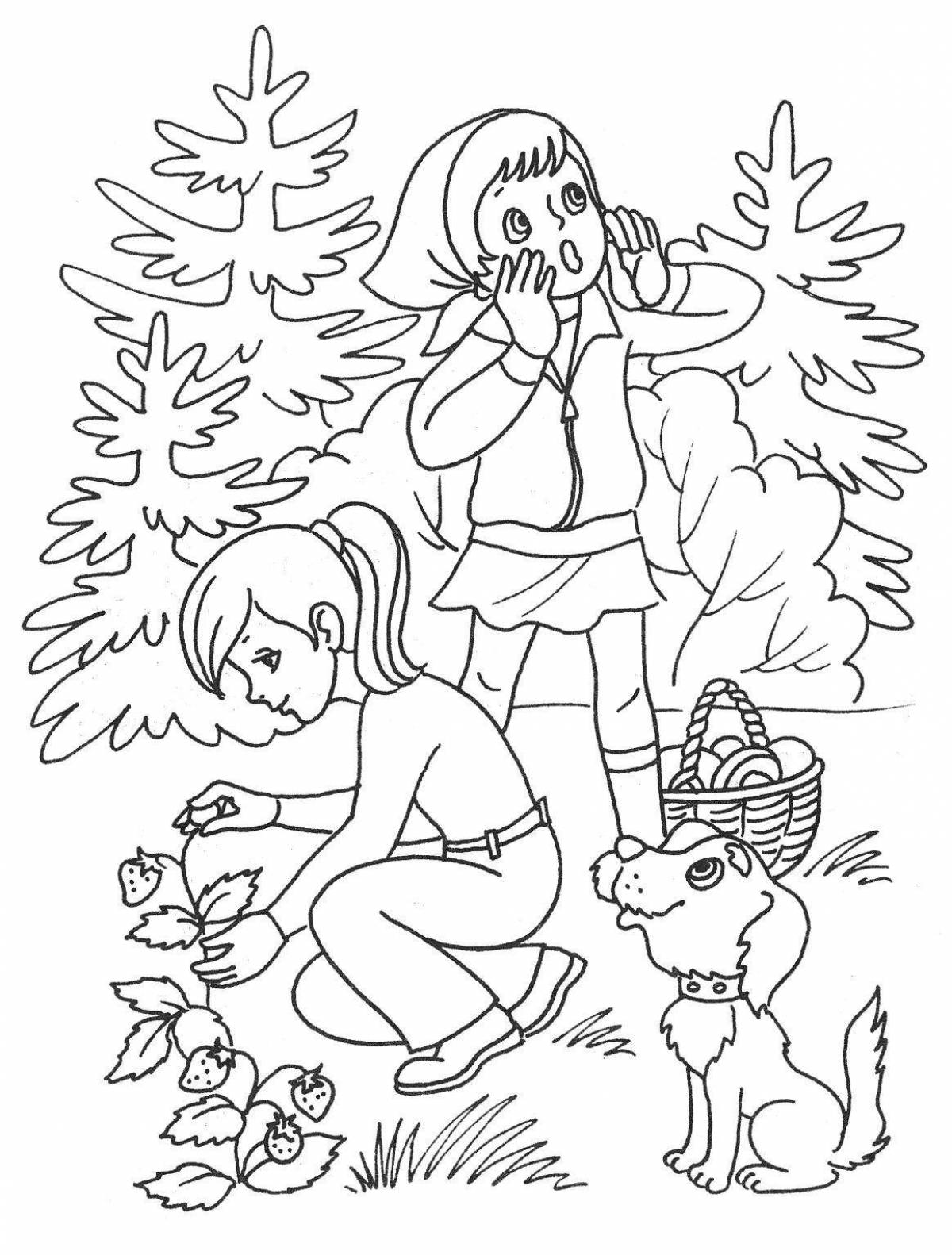 Разноцветные дети собирают грибы в лесу