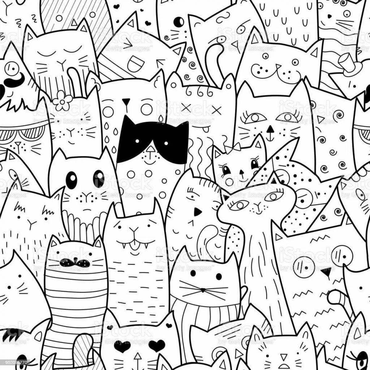 Игривая страница раскраски «много кошек»