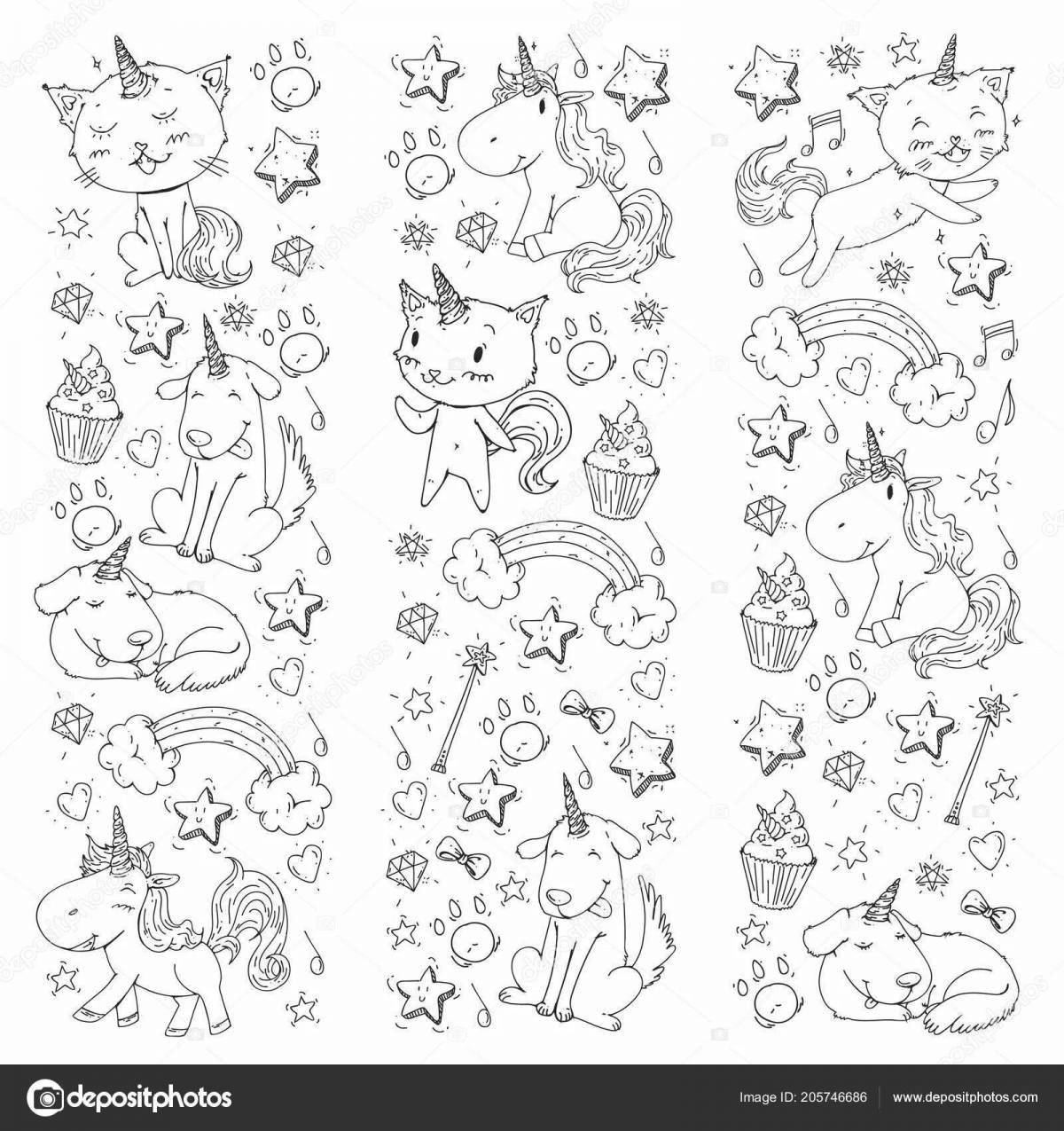Brightly colored many cats coloring page