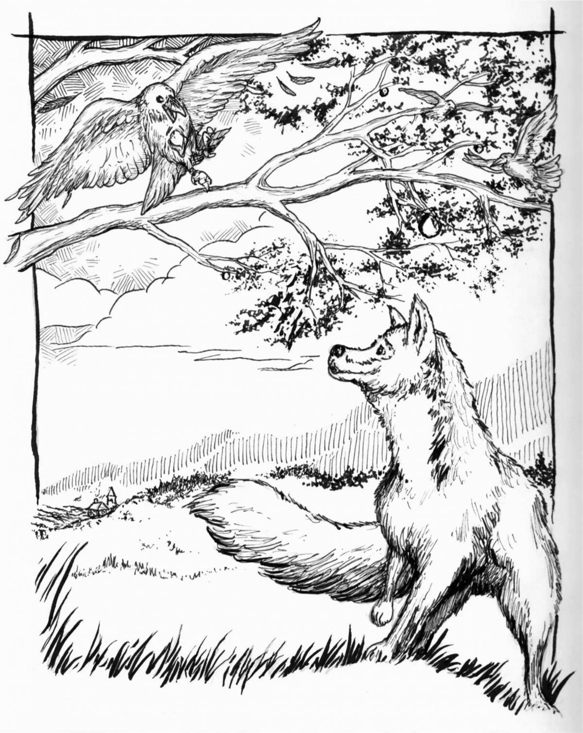 Coloring page playful fox and crow
