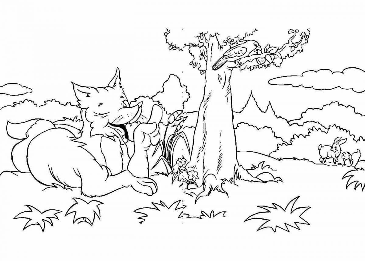 Coloring book magical fox and crow