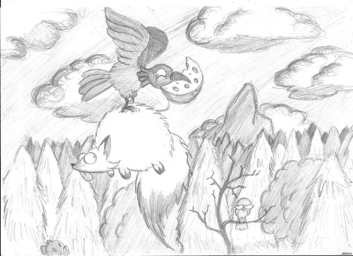 Adorable fox and crow coloring page