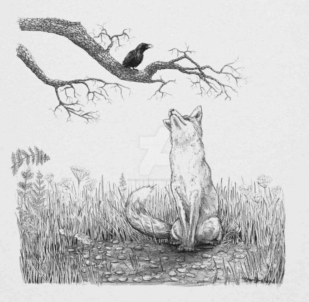 Charming fox and crow coloring book