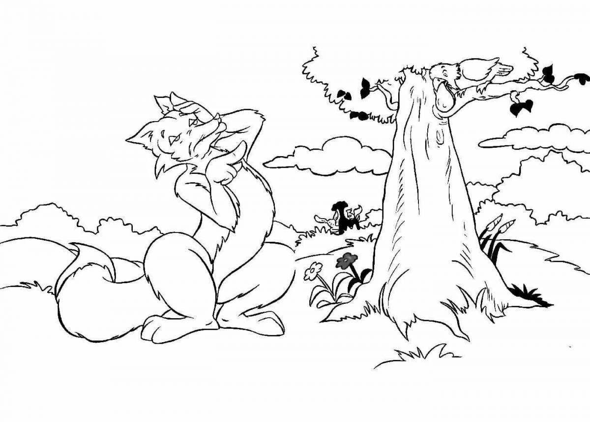 Luminous fox and crow coloring page