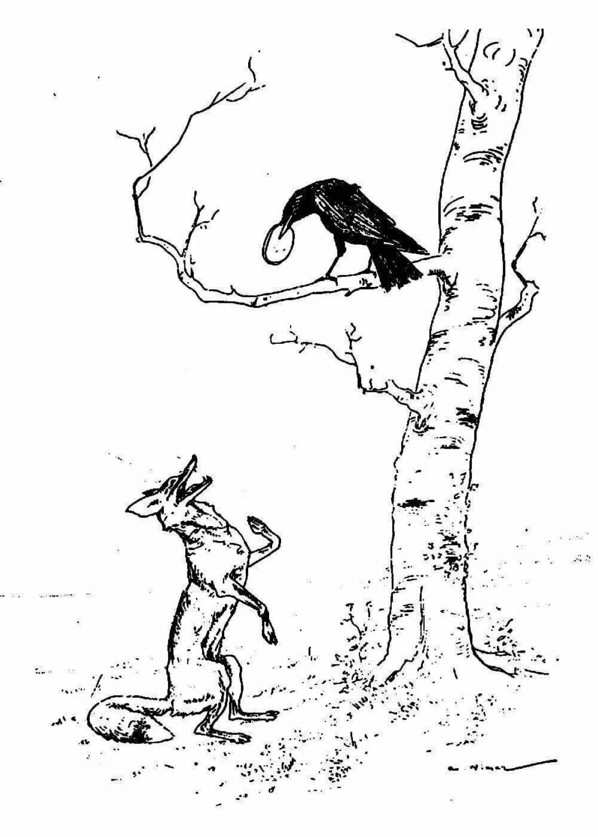 Radiant fox and crow coloring page