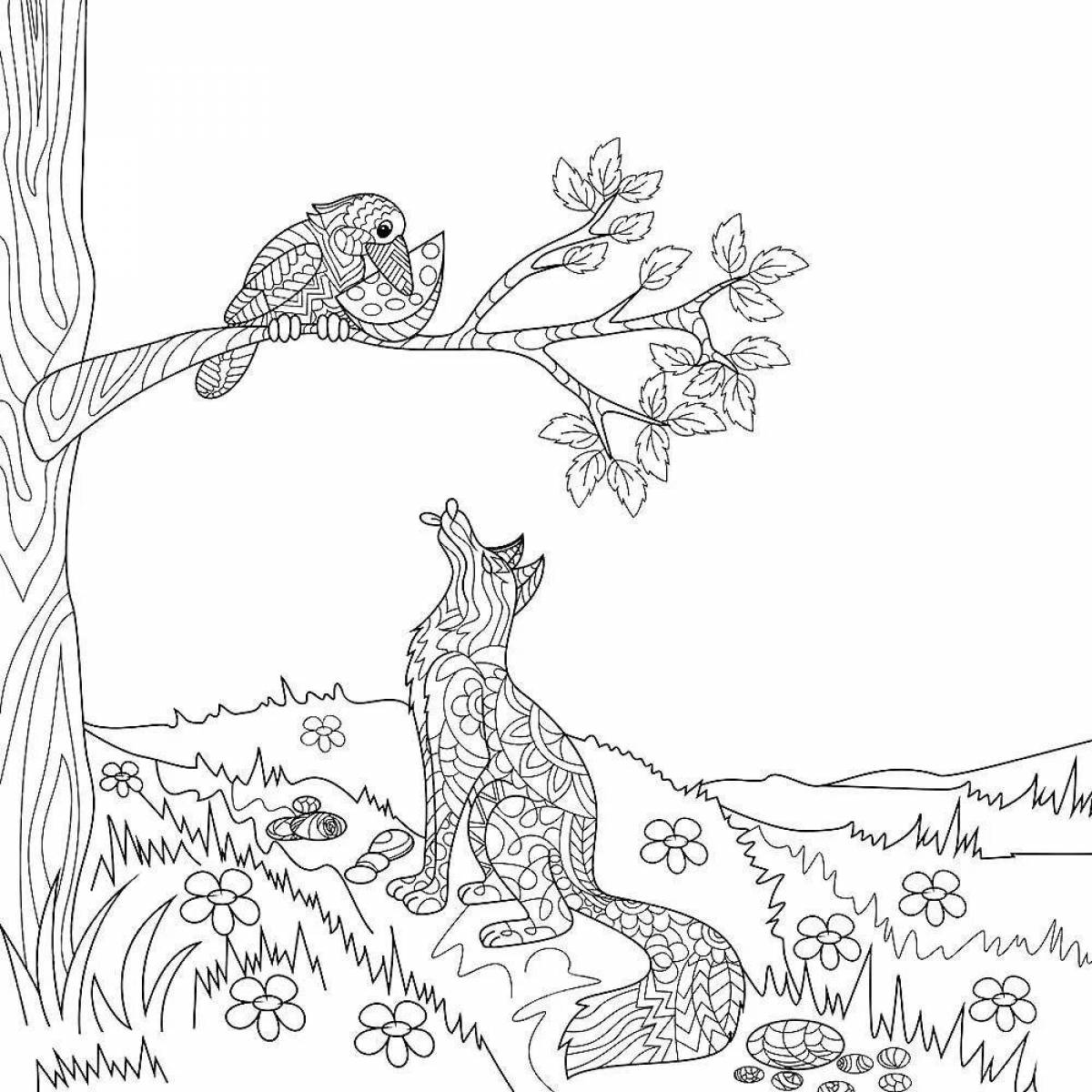 Coloring page joyful fox and crow