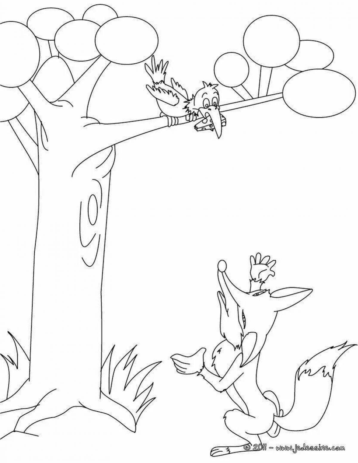 Animated fox and crow coloring page
