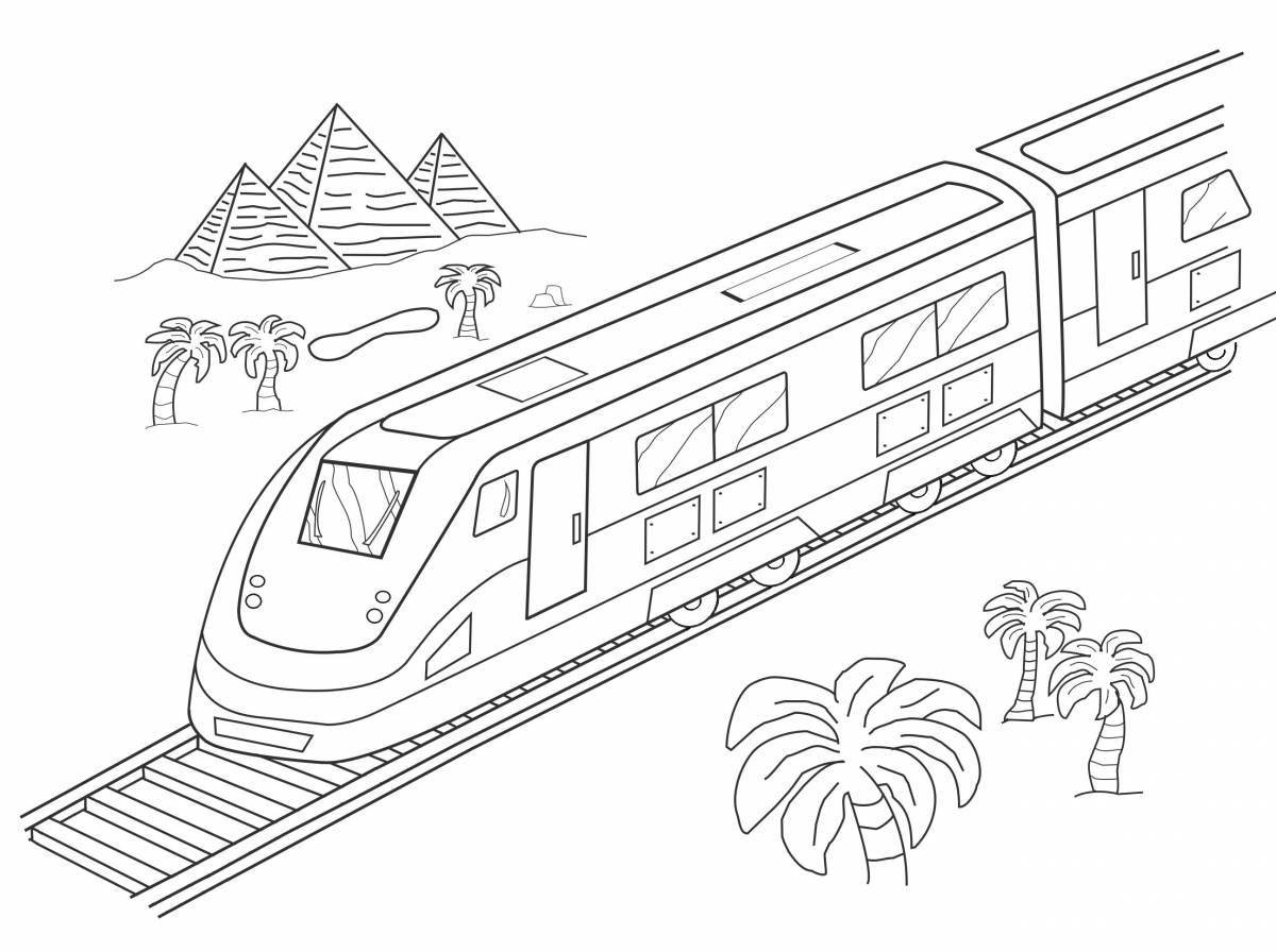 Красочная страница раскраски поезда с ласточками для детей