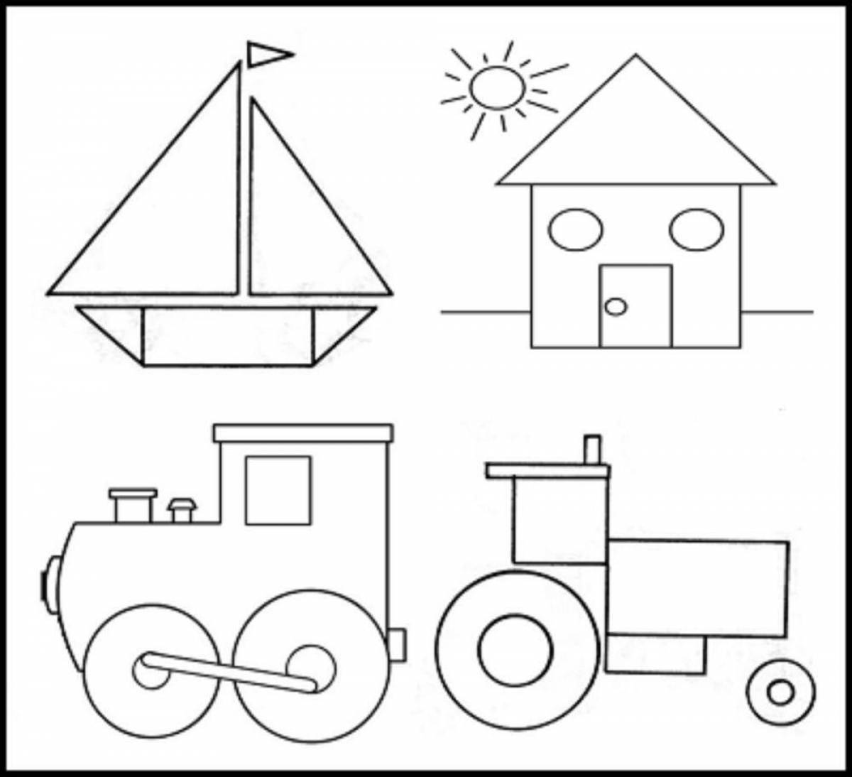 Раскраска с насыщенными цветами геометрическими фигурами для детей 3-4 лет