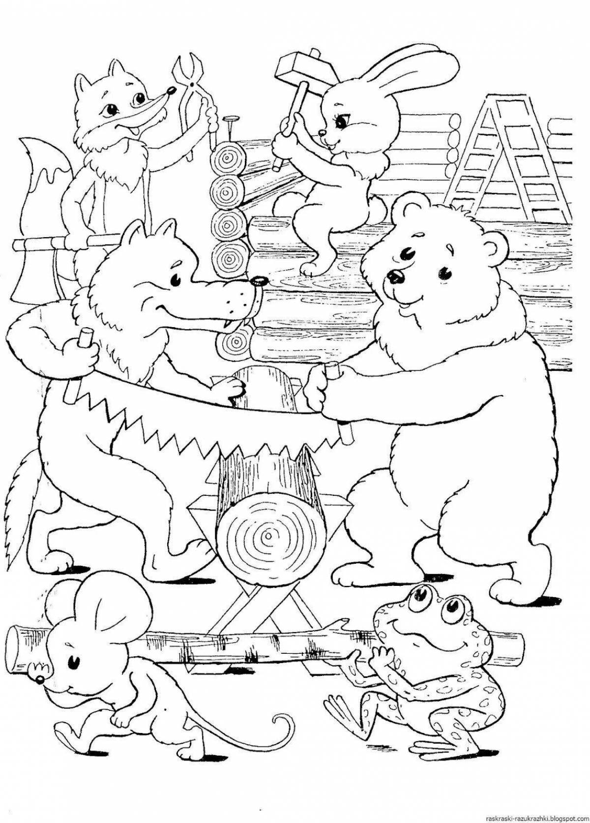 Coloring cute winter animal hut