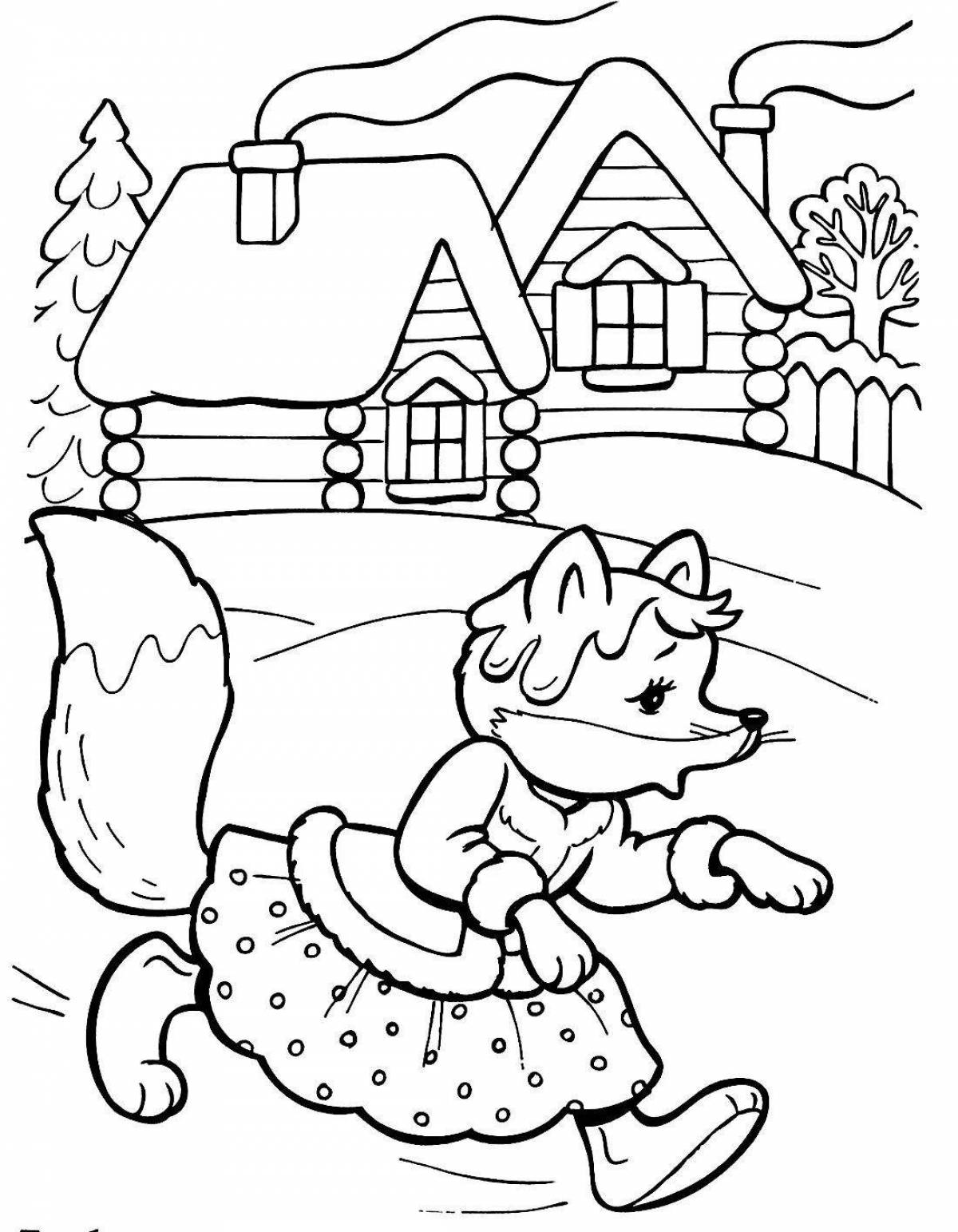 Coloring book exotic winter animal hut