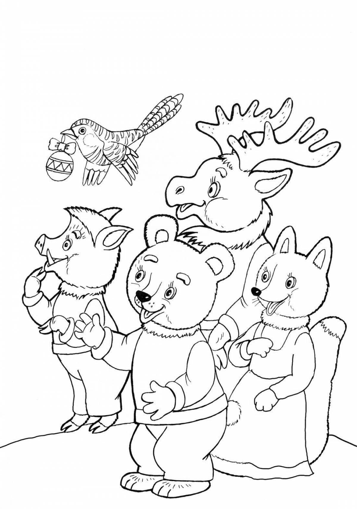 Living winter animal hut coloring book