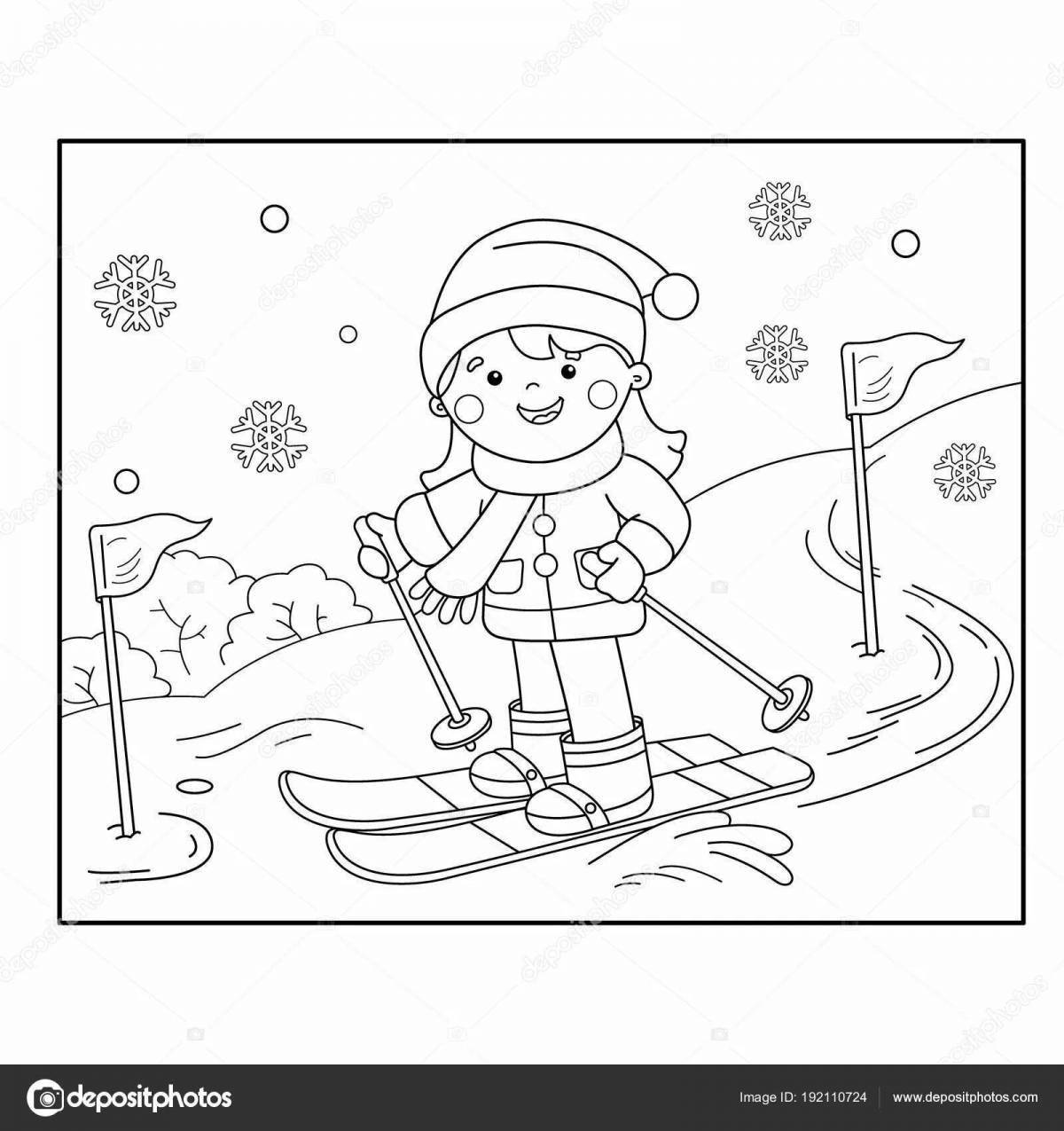 Coloring page happy skier for children 5-6 years old