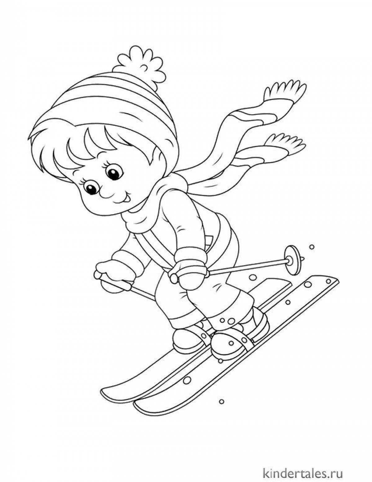 Coloring book energetic skier for children 5-6 years old