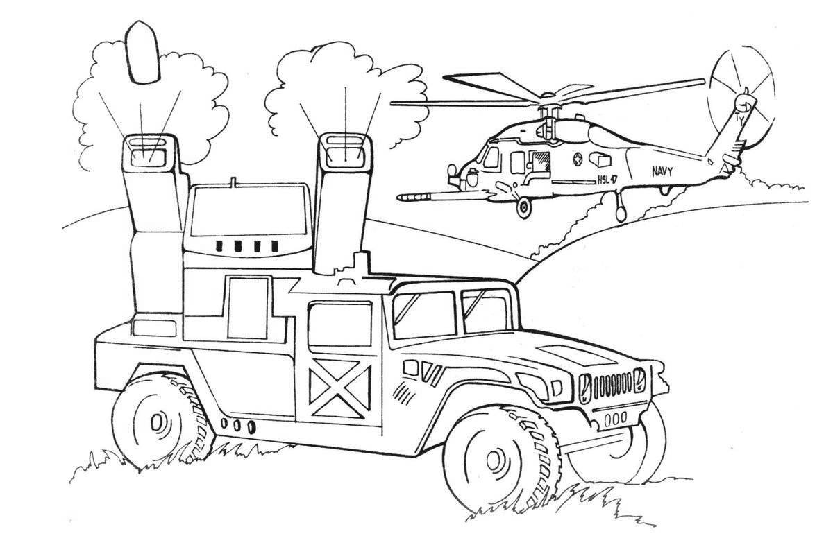 A fascinating coloring of military equipment for the little ones