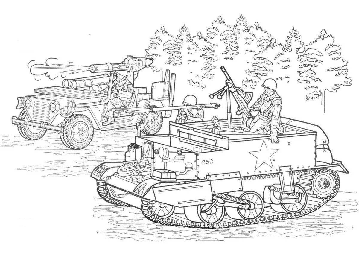 Colorful military vehicles coloring for kids