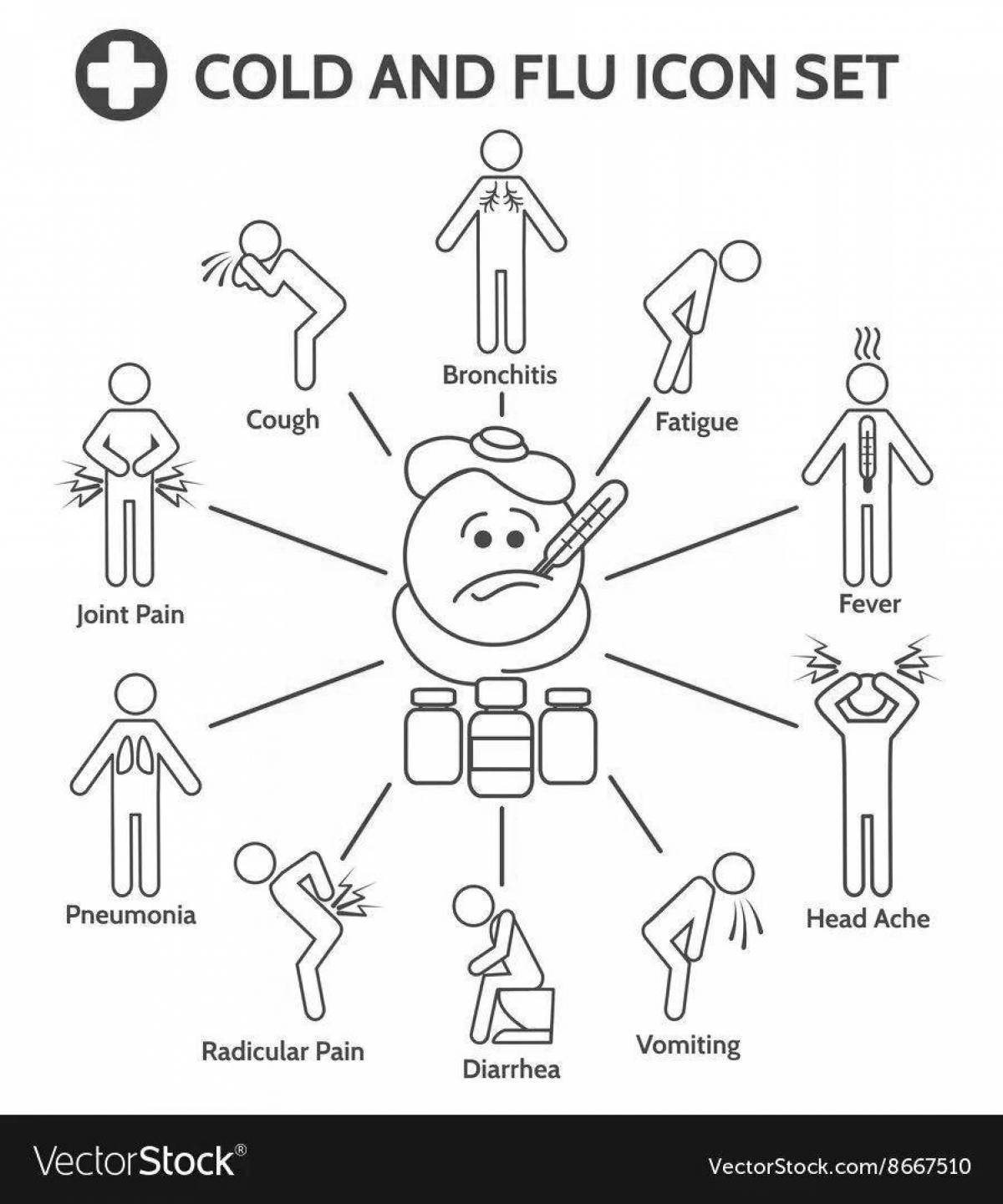 Яркая страница раскраски для профилактики гриппа и атипичной пневмонии
