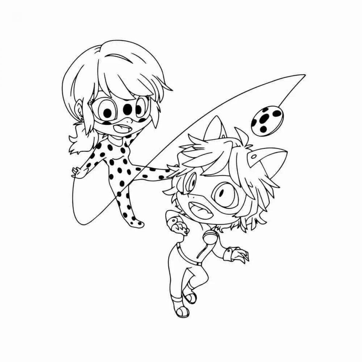 Coloring page luminous ladybug and super cat