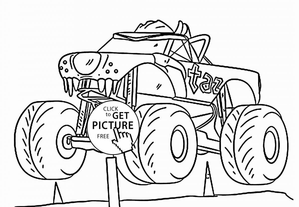Colorful monster truck coloring page for 3-4 year olds