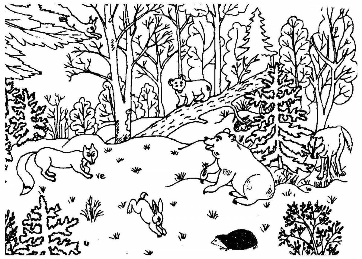 Coloring book playful winter animals for children 3-4 years old