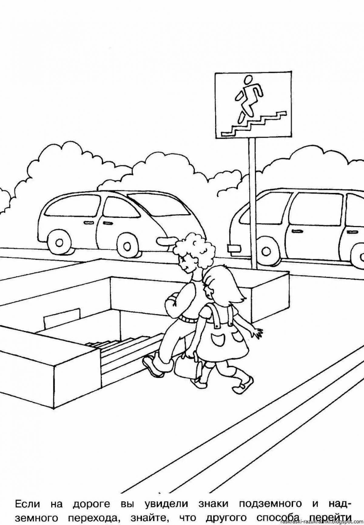 Pedestrian crossing with multicolored coloring pages for children aged 6-7