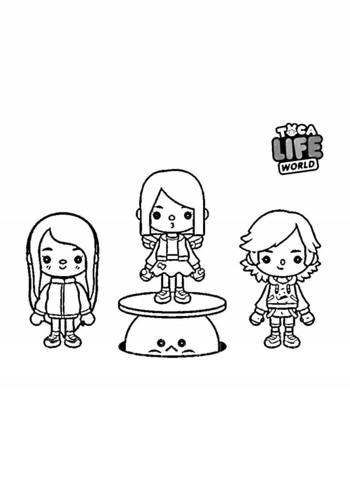 Humorous coloring black and white small toka boca characters