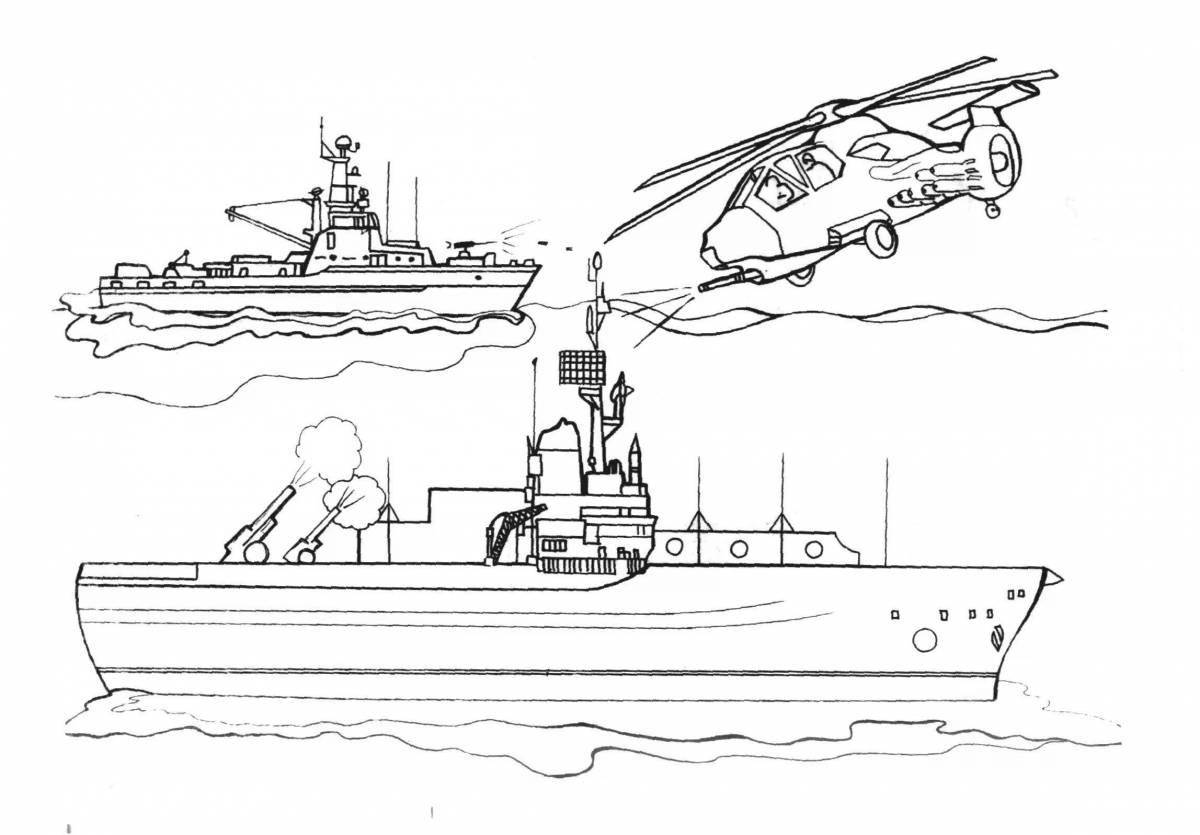 Очаровательная раскраска военного корабля для детей 5-6 лет