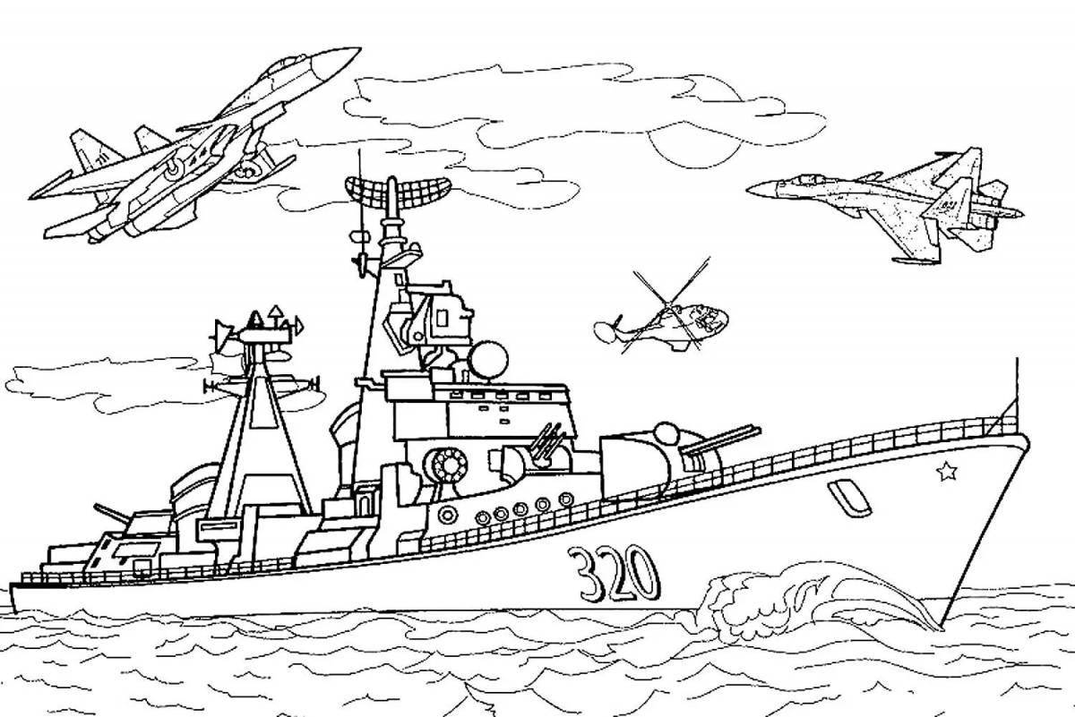 Impressive warship coloring page for 5-6 year olds