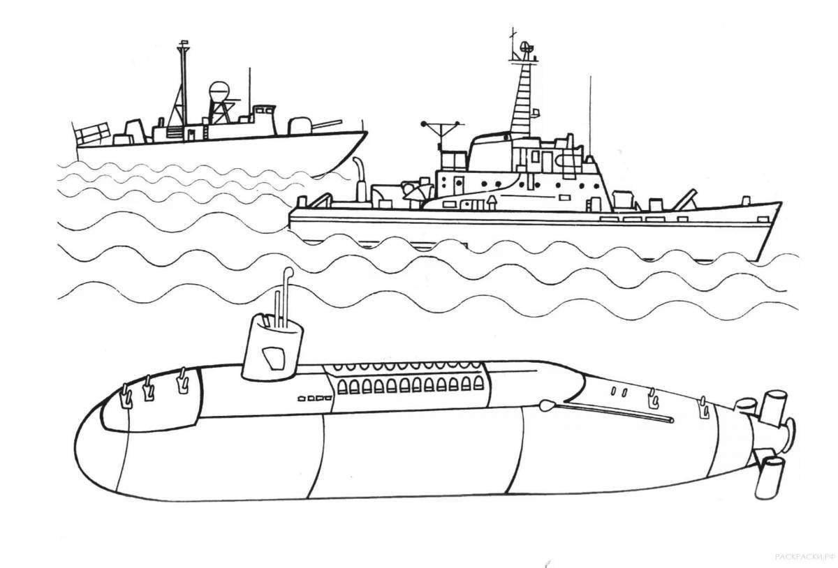 Блестящая раскраска военного корабля для детей 5-6 лет