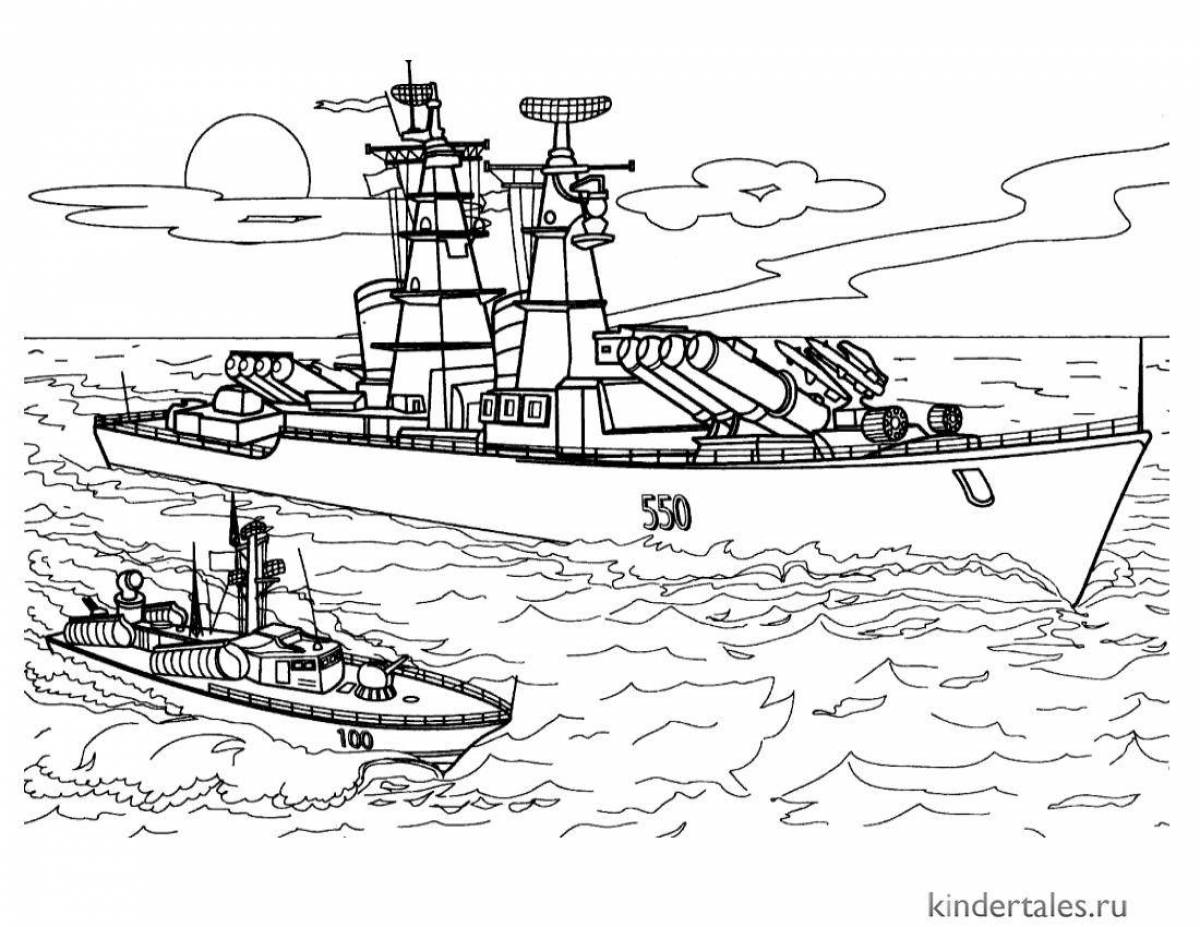Восхитительная страница раскраски военного корабля для детей 5-6 лет