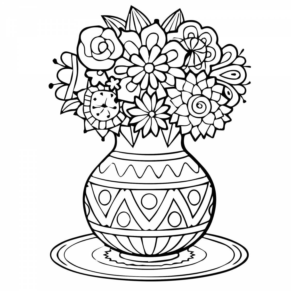 Яркая раскраска цветы в вазе для малышей