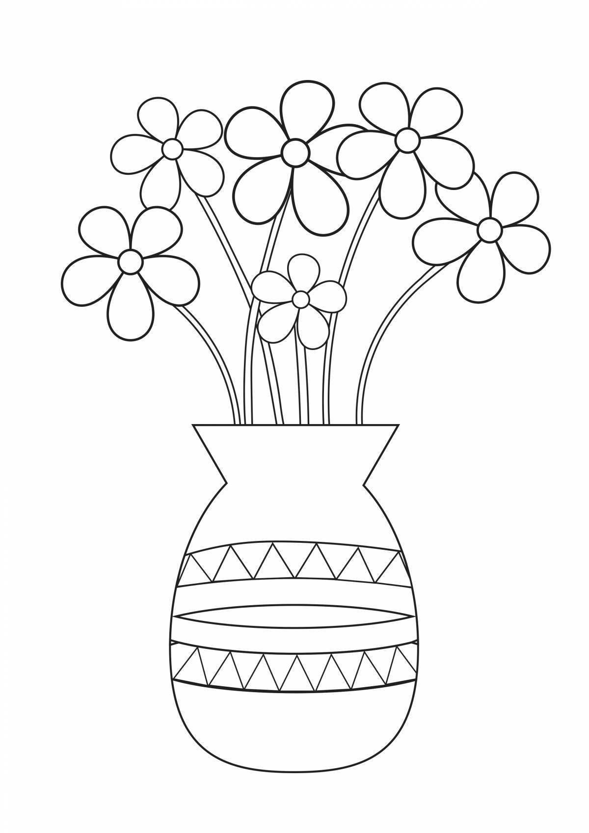 Glitter coloring flowers in a vase for children