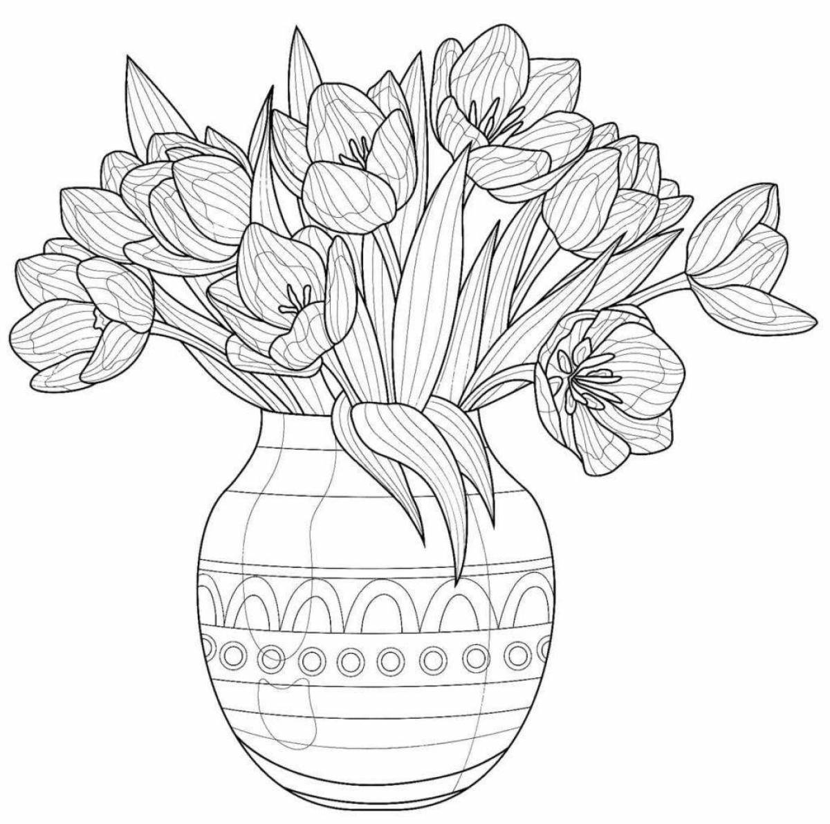 Coloring book exalted flowers in a vase for kids