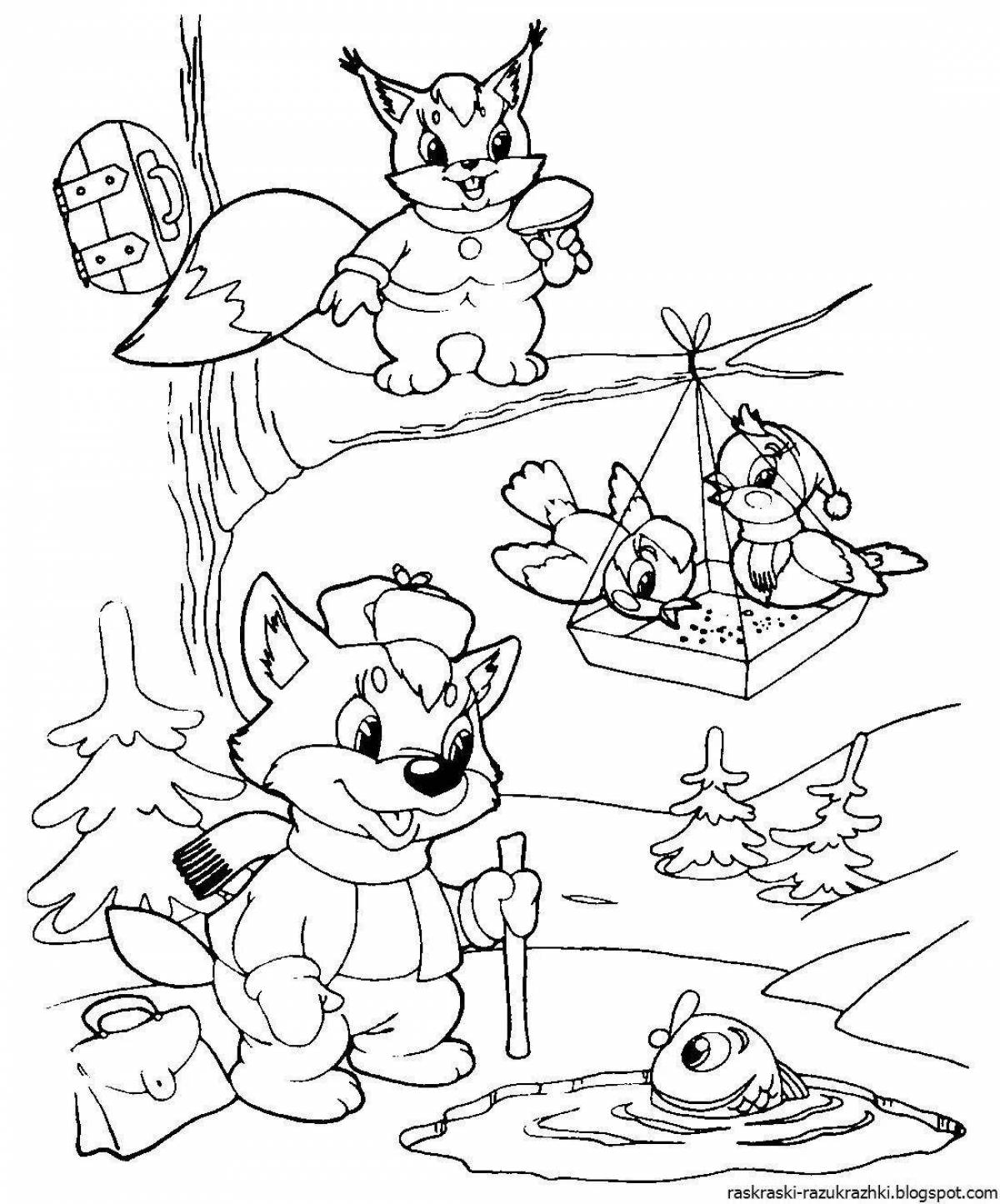 Adorable winter in the forest coloring book
