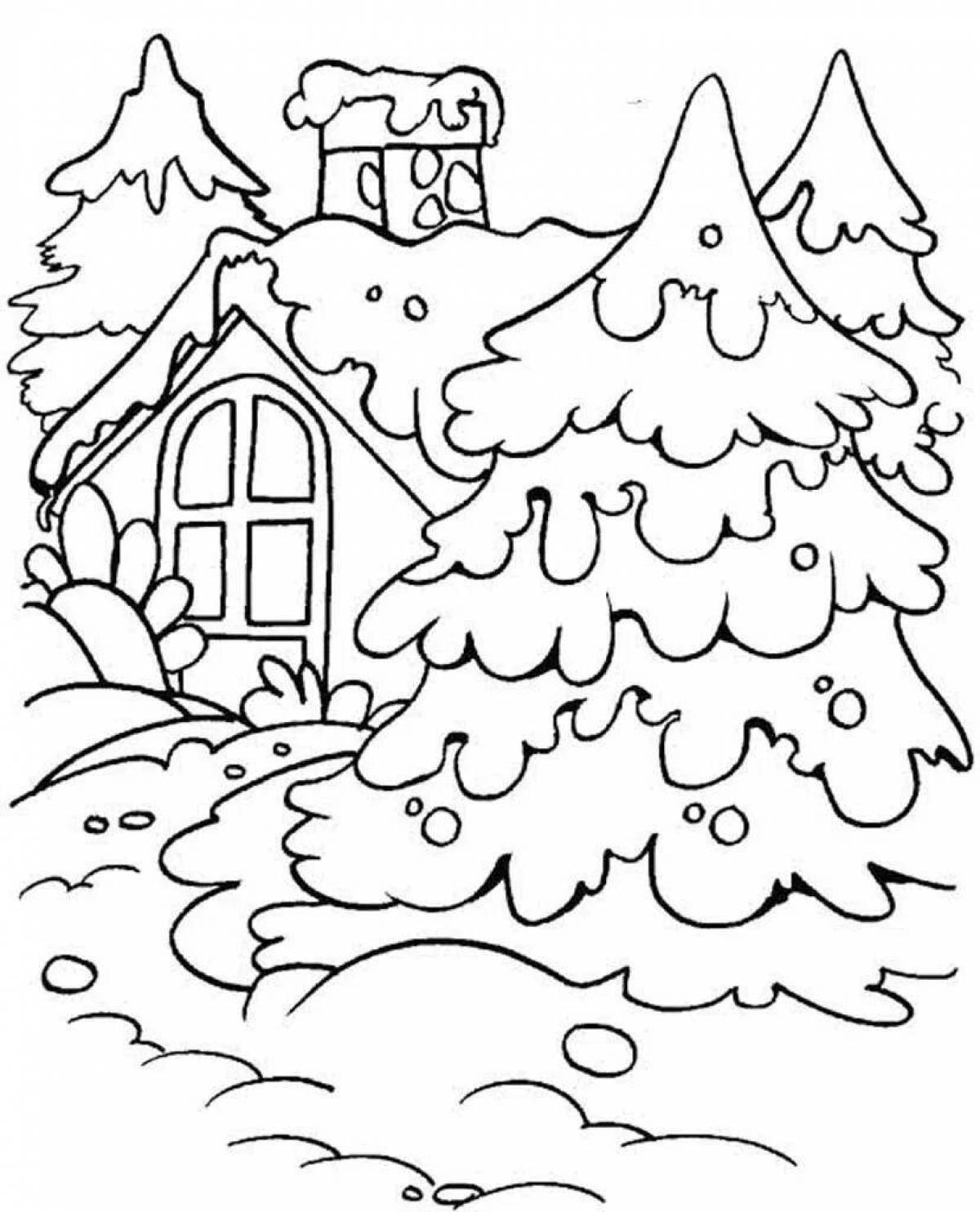 Scenic winter in the forest coloring book