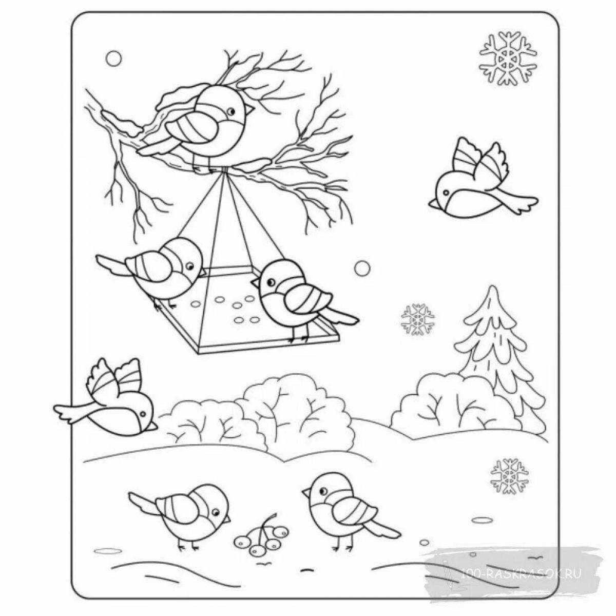 Coloring book stormy winter in the forest