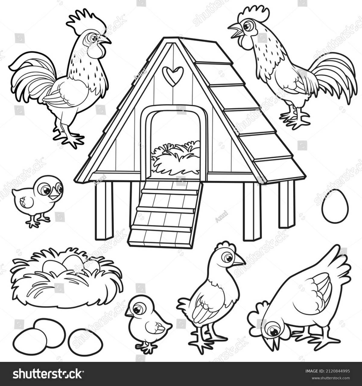 Colorful chicken coop coloring page