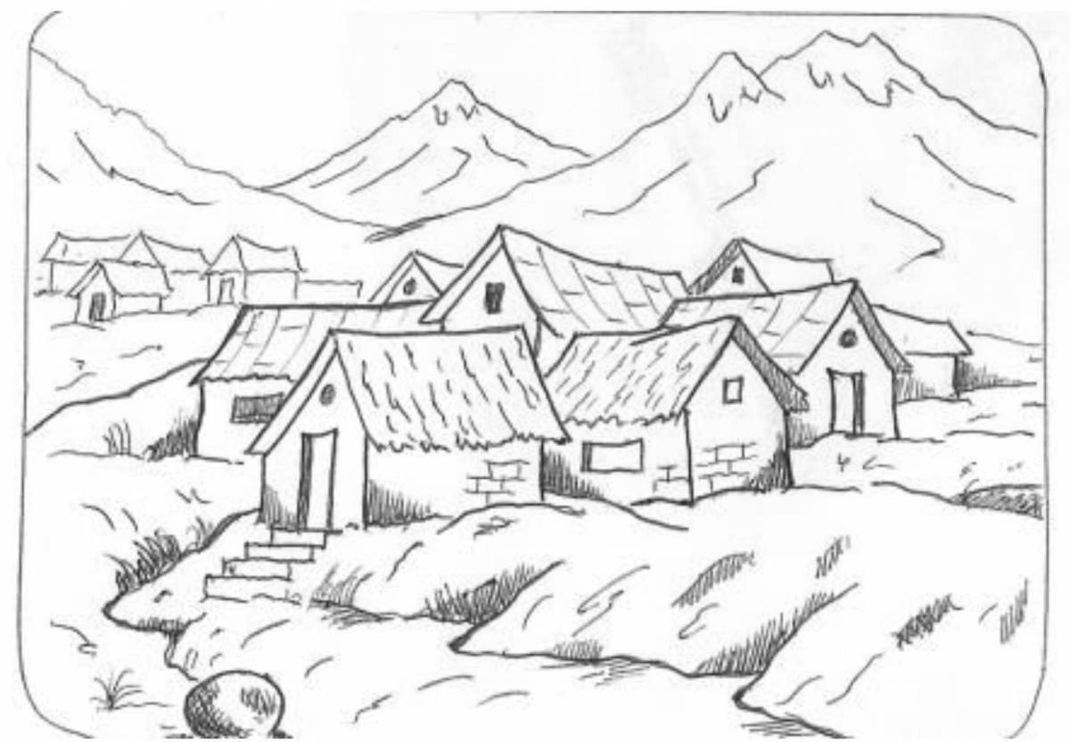 Рисунок деревни карандашом для детей
