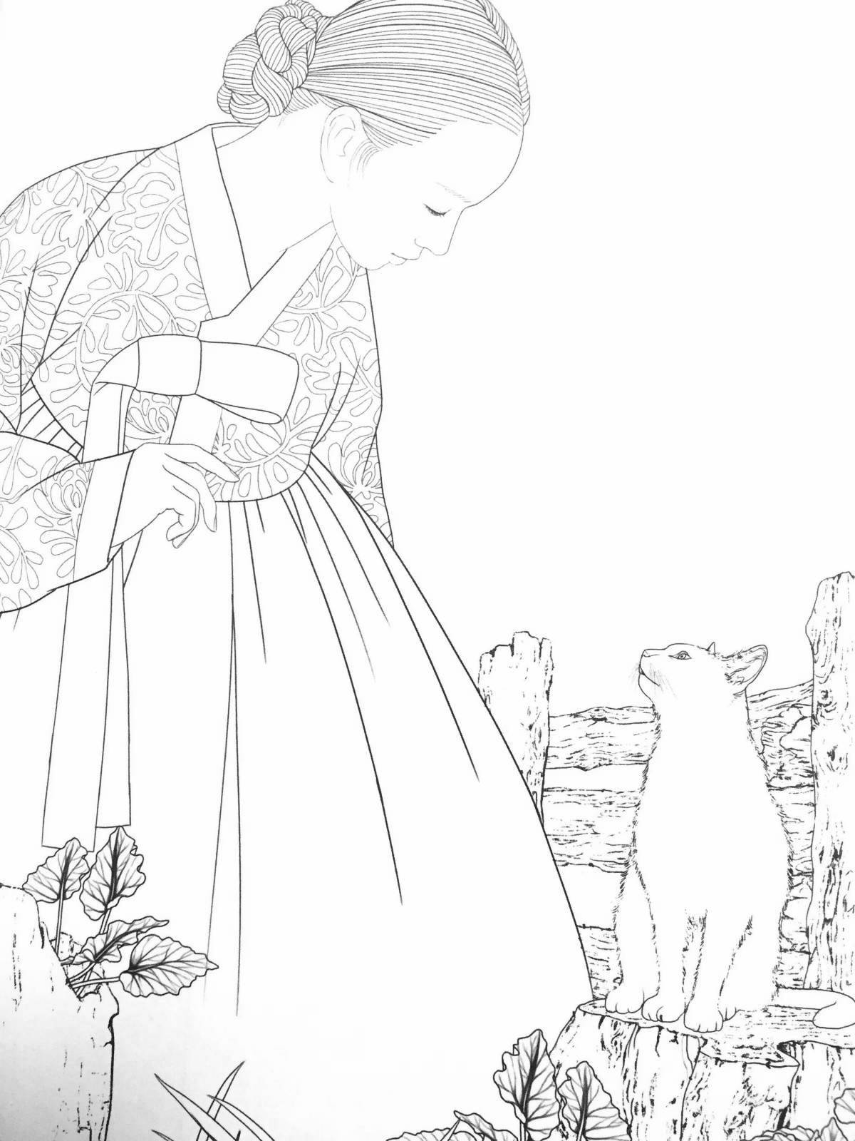 Colorful hanbok coloring page