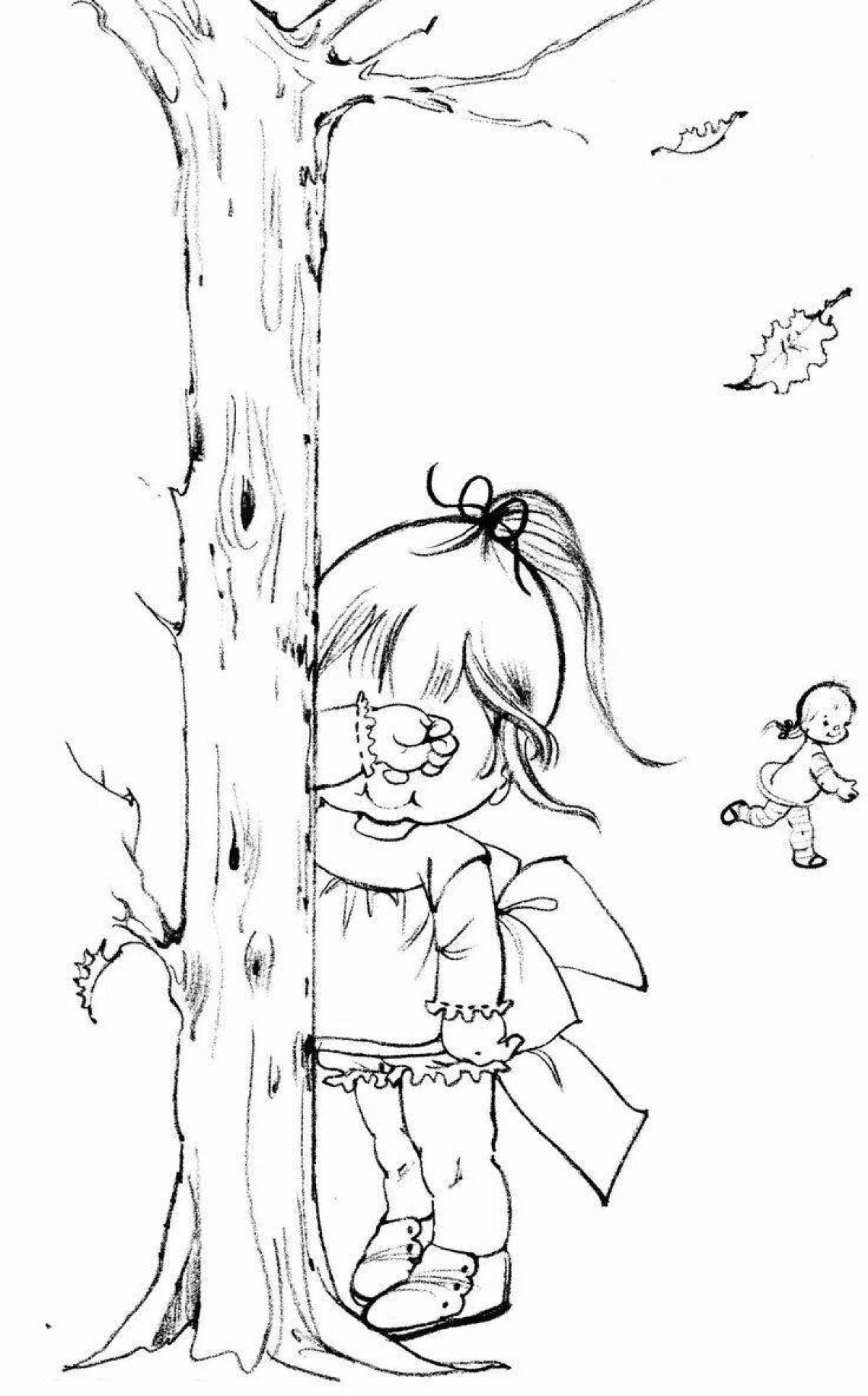 Color-rich hide and seek coloring page