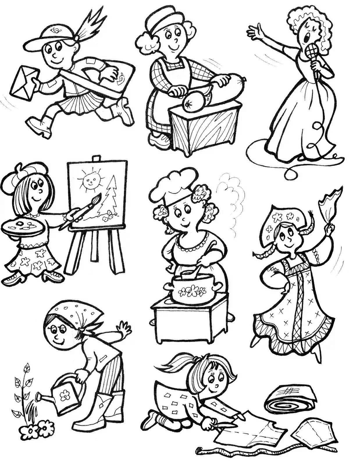 Coloring page of funny verbs