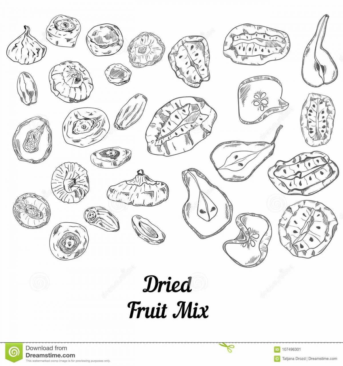 Coloring book dried fruits decorated with color